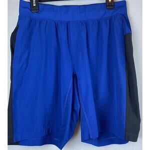 Mns Lululemon Sz L T.H.E. Black Blue Panels Linerless Drawstring Zip Pkt Shorts